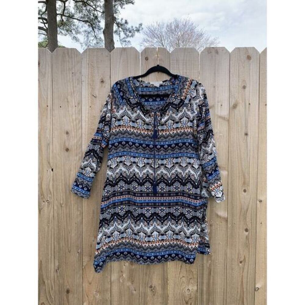 Sydney Rose Women's Long Dolman Sleeve Size‎ Medium Blue Pattered Blouse Tassel